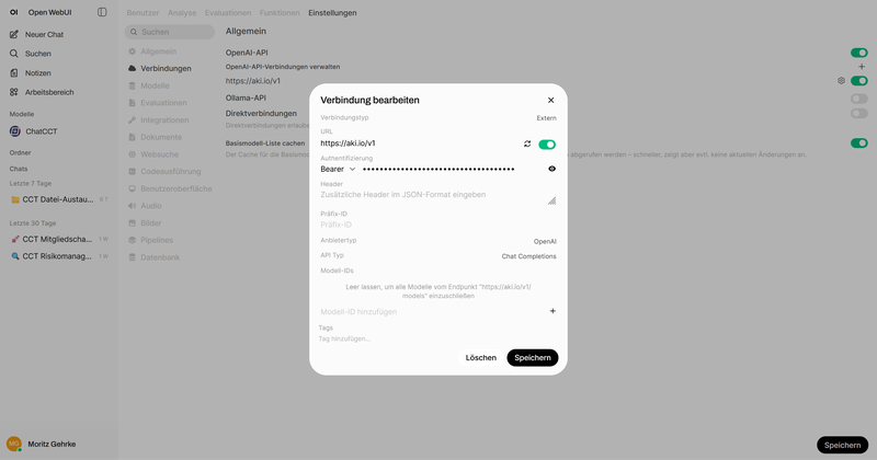 Entering the AKI.IO API key into OpenWebUI